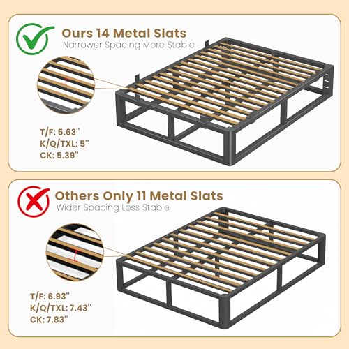 14 Inch Metal Queen Bed Frame with Rounded Corner, Steel Support