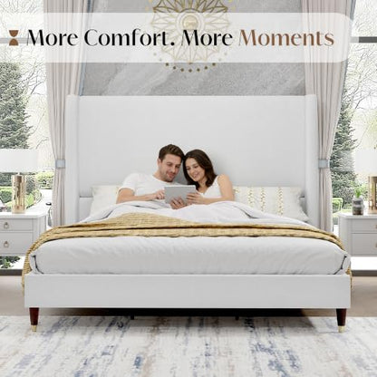 Queen Bed Frame Linen Upholstered 51.2" Tall Headboard, White