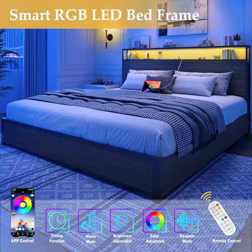 King Bed Frame with 2-Tier Storage Headboard, Metal Platform Bed Frame with 4 Storage Drawers, Built in Charging Station & LED, Noise-Free/Metal Support/No Box Spring Needed, Rustic Grey