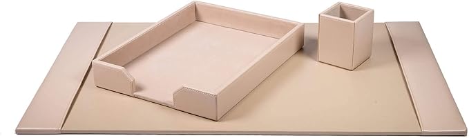 Dacasso Bonded Set Luxury Leather Desk Pad & Desk Organization Essentials, 3 Piece, White Latte