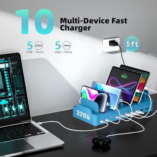 320W Charging Station for Multiple Devices, Zobirez 10-Port USB C Fast Charger Stations for MacBook, iPhone, Android Cell Phone, iPad, Tablet, Family Multi-Device Organizer Charging Dock, Blue