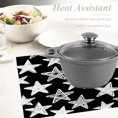 Shrahala Stars Star Black White Placemats, Chalkboard Stars Table Mat Linen Burlap Washable Double-Deck Heat Insulation for Dining Table Kitchen Table Set of 4 (12 x 18 inch)