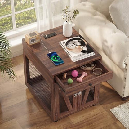 Wooden Dog Crate End Table with USB Charging Station, Walnut