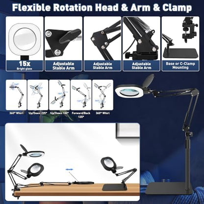 Magnifying Glass with Light and Stand,15x 3in1 Magnifying Lamp, 5 Color Stepless Dimmable,80 Led Desk&Floor Lamp with Lighted Magnifying Glass,Hands Free Magnifying Glasses for Close Work