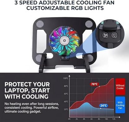 Adjustable Laptop Cooling Stand, 3-Speed Fan with RGB, 360° Rotating Base, Carbon Steel Foldable Laptop Riser, Ergonomic Height & Angle Adjustable Cooling Pad for Laptops & Tablets Up to 16” (Black)