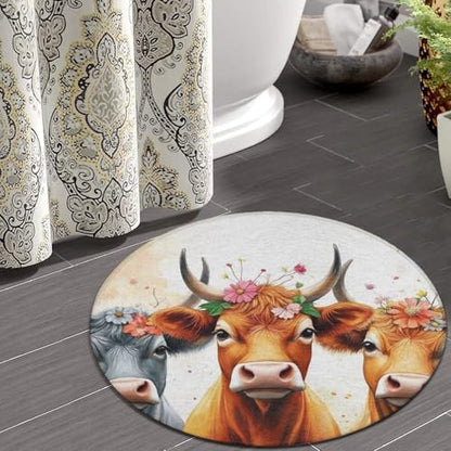 Soft Round Yoga Carpet, Large Home Decor Mat, Non Slip Machine Washable Kitchen Office Circle Rug Cute Highland Cow Family