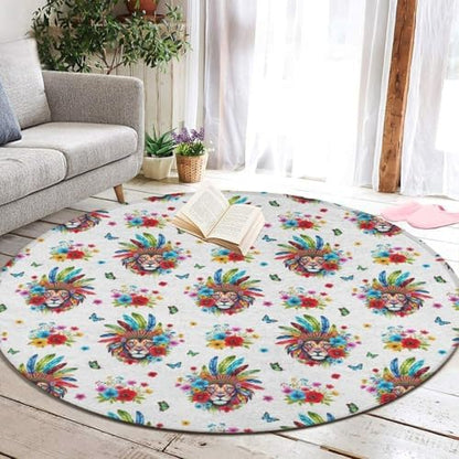 Large Home Decor Mat, Soft Round Yoga Carpet, Non Slip Machine Washable Home Office Circle Rug Colorful Lion Flowers Floral White Art, 36inch