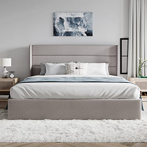 Queen Size Lift Up Hydraulic Storage Bed Frame Light Beige