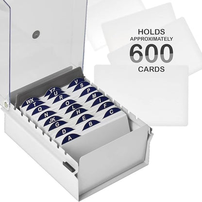 Acrimet 3 x 5 Card File Holder Organizer Box Metal Base Heavy Duty (AZ Index Cards and Divider Included) (White Color with Clear Crystal Plastic Lid Cover)