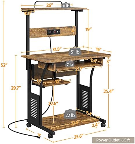 Yaheetech Small 3-Tier Rolling Computer Desk, Power Outlet, Rustic Brown