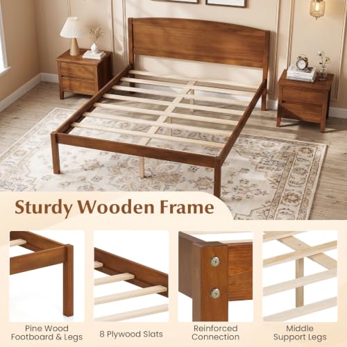 Full Size Wooden Bed Frame with Curved Headboard, Wood Slat Support