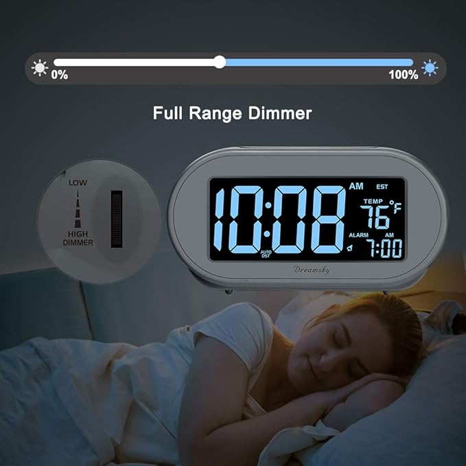 DreamSky Alarm Clocks for Bedrooms, Auto Set Digital Desk Clock for Bedside Nightstand, Electric Clock with Dimmable Brightness Dimmer, Auto DST, USB Port, Date, Temperature, Snooze