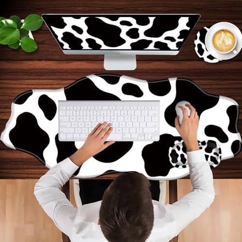 Mouse Pad with Wrist Support + Desk Mat + Coaster 3 in 1 Set, XXL Large Gaming Mousepad Ergonomic Mouse Pads for Desk Computer Laptop Office,Cow Print