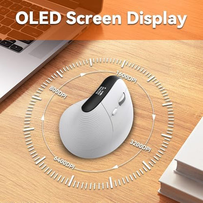 Eelexa Wireless Ergonomic Vertical Mouse with OLED Screen Display for Right Hand, Rechargeable Bluetooth Optical Computer Mice,Compatible with Windows MAC OS (White)