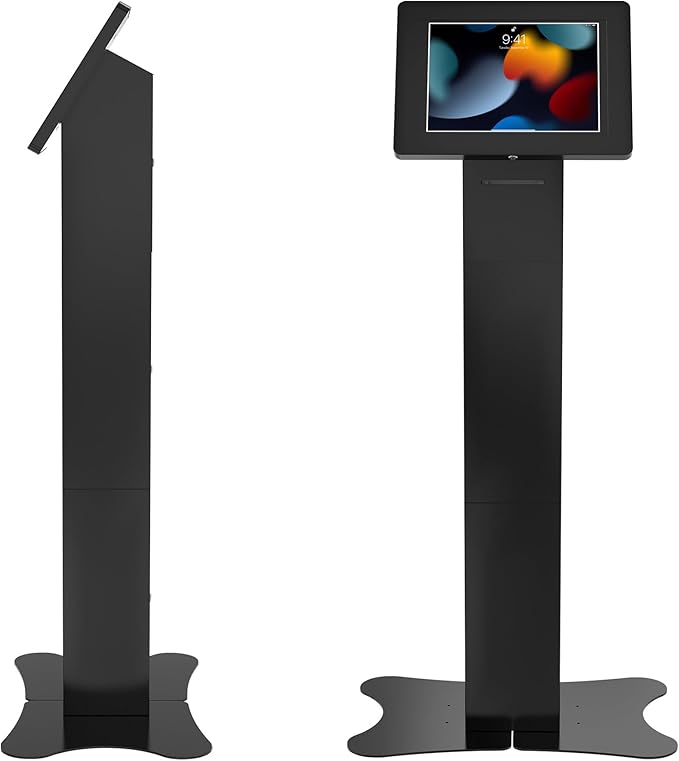 CTA Digital Locking Kiosk & Enclosure – Premium Locking Floor Stand Kiosk with Universal Security Enclosure - Storage and Cable Management for Retail POS - Ordering Screens & More Black (PAD-PARAFPE)
