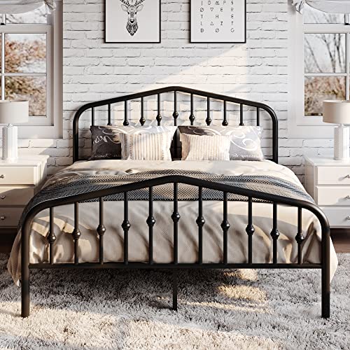 Full Size Metal Bed Frame with Wrought Iron-Art Headboard, Black