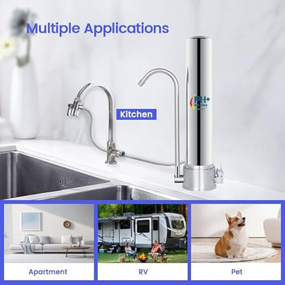 Satinless Steel Countertop Water Filter System, 5-Stage Alkaline Water Filter, 8000 Gallons Faucet with 1 Washable Ceramic Filter (BY-10P-M12)