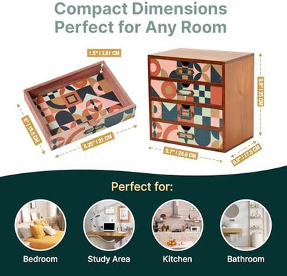 Mid-Century Modern Geometric Pattern Desk Organizer - Earth Tone Desktop Storage with 4-Drawer - Retro Modern Wood Cabinet for Office Supplies, Craft Tools, & Home Organization - MCM Drawer Unit