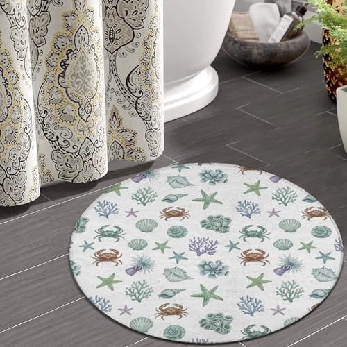 Large Home Decor Mat, Soft Round Yoga Carpet, Non Slip Machine Washable Home Office Circle Rug Under Sea Ocean Starfish Shell Coral Crab Watercolor, 60inch