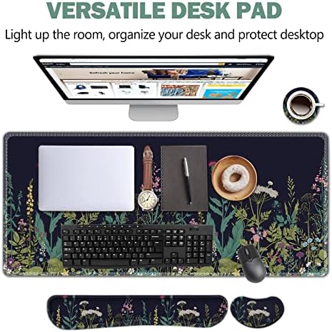 AIMSA Large Gaming Mouse Pad Set, Keyboard Wrist Rest Support + Extended Mouse Pad + Mouse Wrist Cushion + Coaster, Ergonomic Multifunctional Desk Mat 35x15.7in Anti-Slip Rubber Base (Flowers Plants)