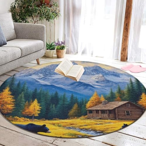 Fashion Round Area Rug Large Non Slip Carpet, Thanksgiving Black Bears Unisex Home Decor Mat
