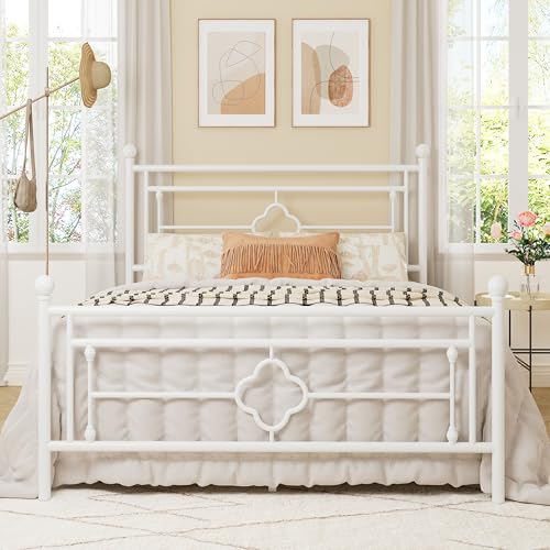 Full Size Metal Platform Bed Frame, Victorian Headboard, White