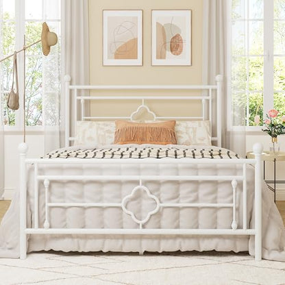 Full Size Metal Platform Bed Frame, Victorian Headboard, White