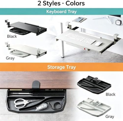 Clamp-On Under Desk Organizer, 360° Swivel Tray & 5-Height Keyboard Tray, No-Drill Mount, Hidden Mouse Pad Storage, Fits 0.59-1.57" Desks, Black/Gray-White, Black, Storage & Keyboard Tray Combo