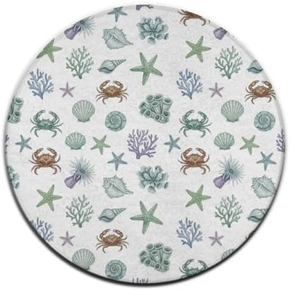 Large Home Decor Mat, Soft Round Yoga Carpet, Non Slip Machine Washable Home Office Circle Rug Under Sea Ocean Starfish Shell Coral Crab Watercolor, 60inch