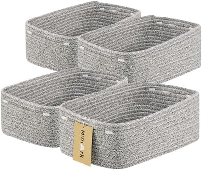 MiniArk Small Storage Baskets for Organizing | Closet Organizer Bins | Shelf Toy Basket | Woven Rope Baskets | Cube Decorative Box | Shallow Basket | 13x8.5x5.1” | 4 Packs Mixed Grey