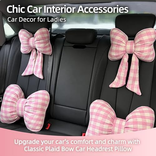 2PCS Chic Car Headrests with Bow-Shaped Cotton Linen Bowknot Neck Pillows for Cozy Road Trip & Cute Interior Decoration (Pink Plaid)