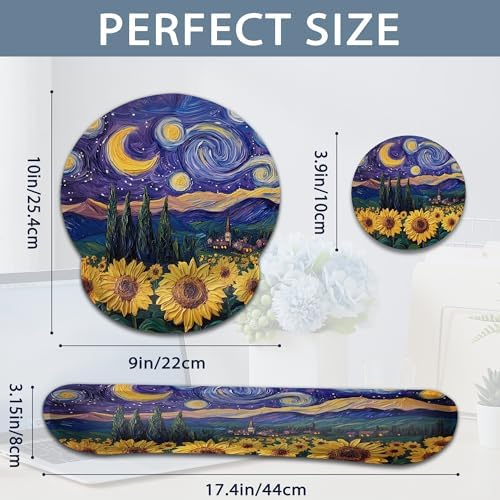 Starry Night Wrist Rest Support for Mouse Pad Keyboard Set, Sunflower Field Mouse Pad with Non Slip Rubber Base for Home and Office Typing Support