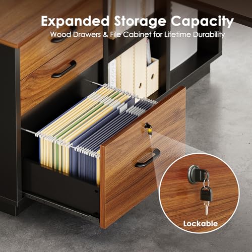 71 Inch L Shaped Executive Desk with Storage, Walnut+ Black