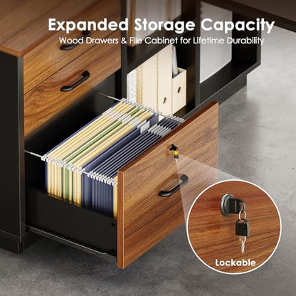 71 Inch L Shaped Executive Desk with Storage, Walnut+ Black