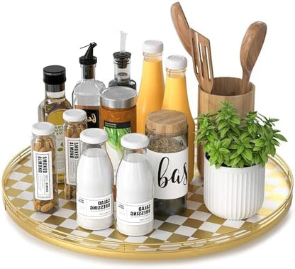 Gold and White Checkerboard Lazy Susan with Rubberwood Base and Metal Rail