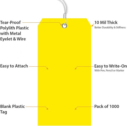 SmartSign (Pack of 1000) Yellow Plastic Tags with Wires, 6.25 x 3.125 inch, Metal Eyelet, 10 mil Tear-Proof Polylith Plastic, Writable