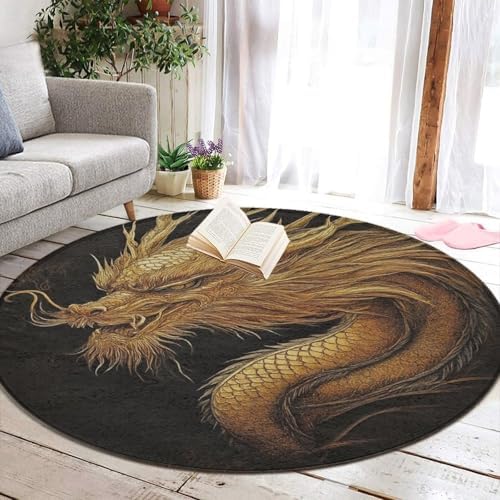 Home Decor Non Slip Kitchen Office Circle Rug, Machine Washable Modern Round Area Rug, Room Sofa Yoga Soft Round Carpet Cool Dragon Black Drak Night, 60inch