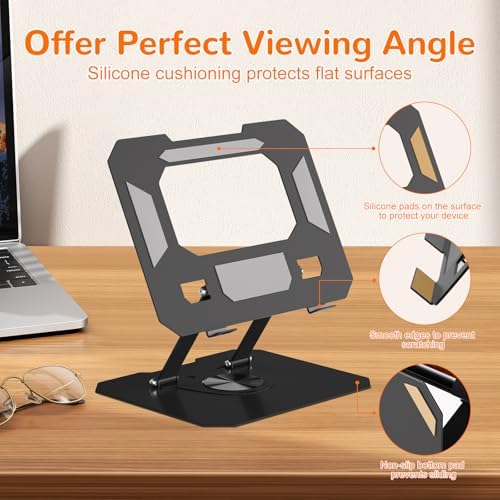 Adjustable Ergonimic Foldable Tablet Stand for Desk with 360 Rotating Base,Compatible with iPad/iPhone Portable Monitor up to 15 Inches for Office Desk,Black