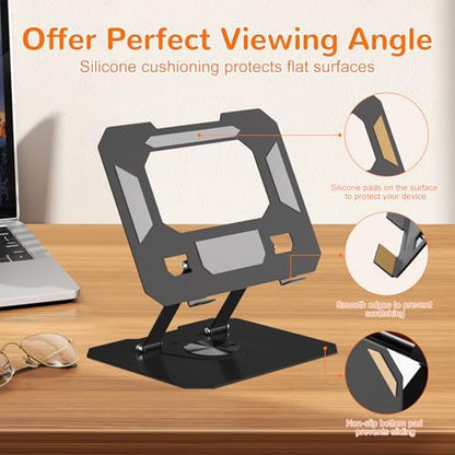 Adjustable Ergonimic Foldable Tablet Stand for Desk with 360 Rotating Base,Compatible with iPad/iPhone Portable Monitor up to 15 Inches for Office Desk,Black