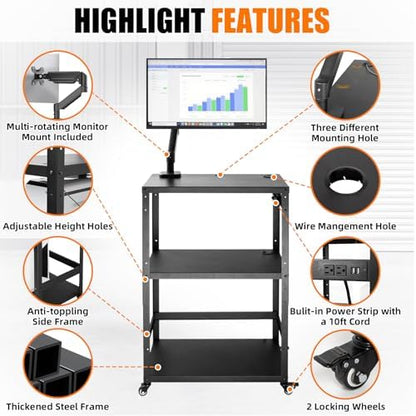 AV Cart with Monitor Mount, Height Adjustable Media Cart with Wheels and Power Strip, Rolling Workstation for Office, Classroom & Warehouse, Steel Presentation Stand for Projector, Laptop & Printer