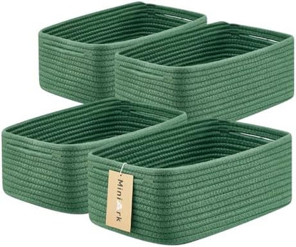 MiniArk Small Storage Baskets for Organizing | Closet Organizer Bins | Shelf Toy Basket | Woven Rope Baskets | Cube Decorative Box | Shallow Basket | 13x8.5x5.1” | 4 Packs Green