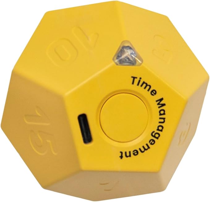 Mini 12 Sided Cube Timer, 11 Preset Times Pomodoro Timer for Enhanced Productivity. Ideal for ADHD Management, Workout, Study & Kitchen Cooking. Easy to Use (Yellow)