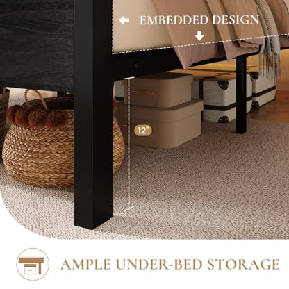 Queen Bed Frame, 2-Tier Storage Headboard, LED, Charging Station