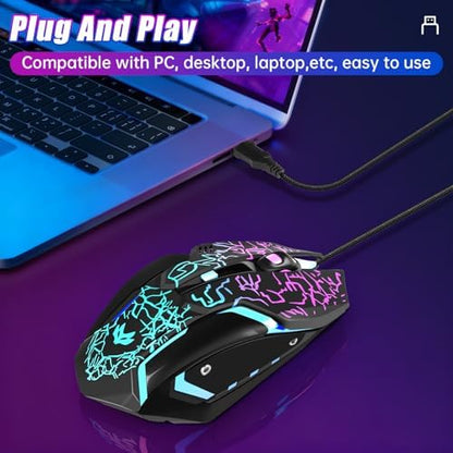 Wired Gaming Mouse,Ergonomic Optical Gaming Mice with 7 Color LED Backlight, 4 DPI Settings Up to 3600 DPI Computer Wired USB Mouse for Laptop/mac, 6 Buttons, Black