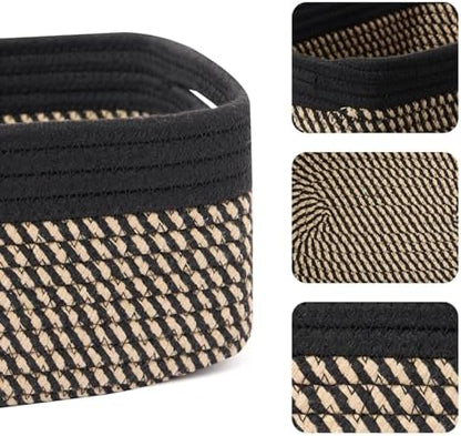 MiniArk Small Storage Baskets for Organizing | Closet Organizer Bins | Shelf Toy Basket | Woven Rope Baskets | Cube Decorative Box | Shallow Basket | 13x8.5x5.1” | 3 Packs Black Brown