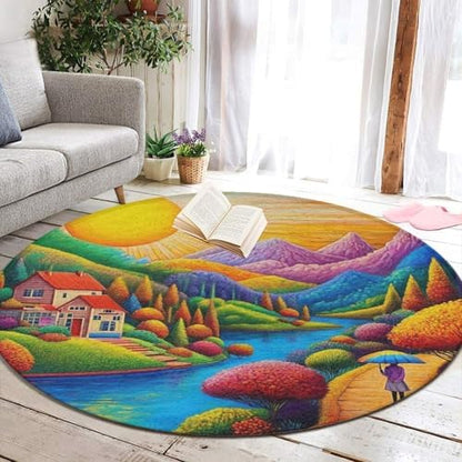 Large Round Area Rug Home Decor Modern Bathroom Rug Kitchen Office Circle Rug for Living Room Sofa Circle Cute Mat Colorful Red Cottage Landscape Art, 36inch