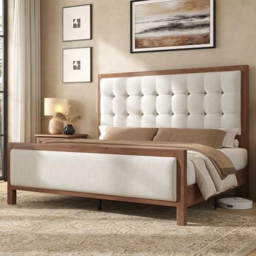 Queen Solid Wood Bed Frame 50" Tall Headboard&Footboard, Walnut