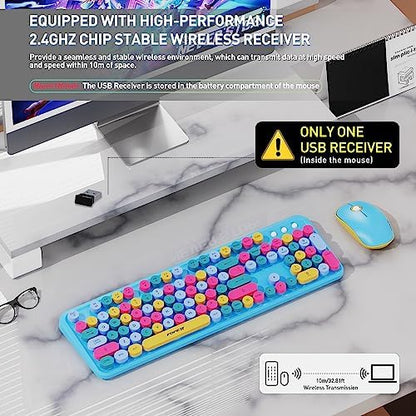 FOPETT 2.4GHz Wireless Keyboard and Mouse Set with Switch Button - Full-Size Keyboard - Compatible for Windows/Laptop/PC/Notebook/Smart TV and More - Blue Colorful