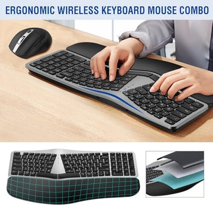 MK960 Ergo Wireless Keyboard Mouse Combo, Bluetooth/2.4G Split Design Keyboard with Palm Rest and 4 Level DPI Adjustable Wireless Mouse, Multi-Device, Rechargeable, for Windows/Mac/Android(Silver)