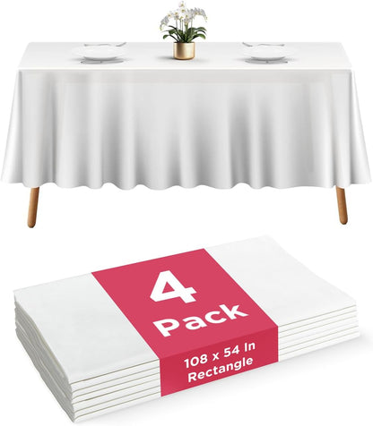 Prestee 4 Pack White Plastic Table Cloth Disposable - 108 x 54 Heavy-Duty Inch Plastic Table Cover - Waterproof White Tablecloth for Weddings, Parties, BBQs and Outdoor Dining Events